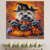 Halloween Cairn Terrier Dog Canvas Wall Art with Pumpkins and Witch Hat Rustic Fall Farmhouse Decor for Dog Lovers and Cozy Homes on Ready to Hang 1.5" Thick Canvas Wrap, Floating Framed Canvas, Flat Rolled Canvas